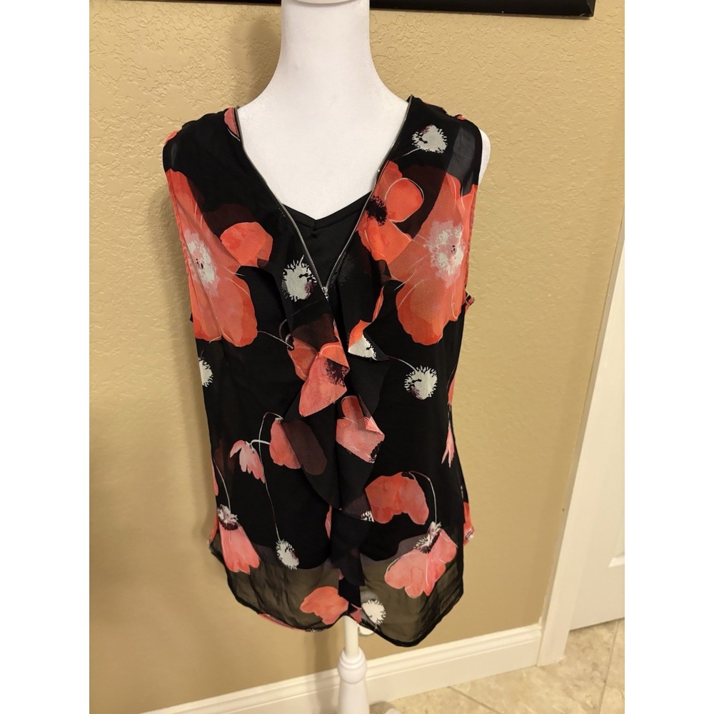 INC, International Concepts Black Sheer Floral Print Sleeveless Top With Cami,L